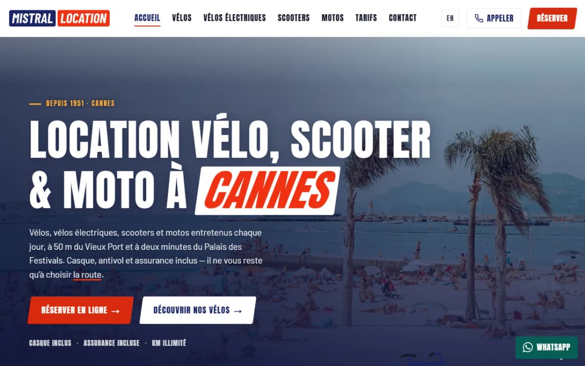 Page d’accueil du site de Mistral Location, loueur de vélos, de scooters et de motos à Cannes
