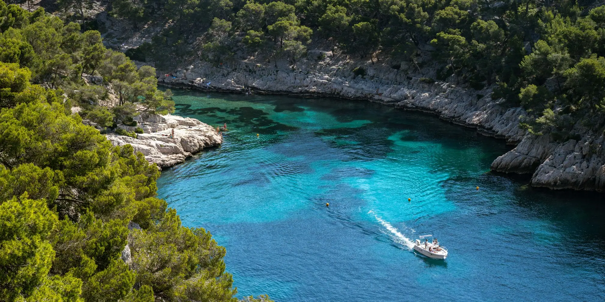Un bateau entre au ralenti dans une calanque bordée de pins, eau turquoise