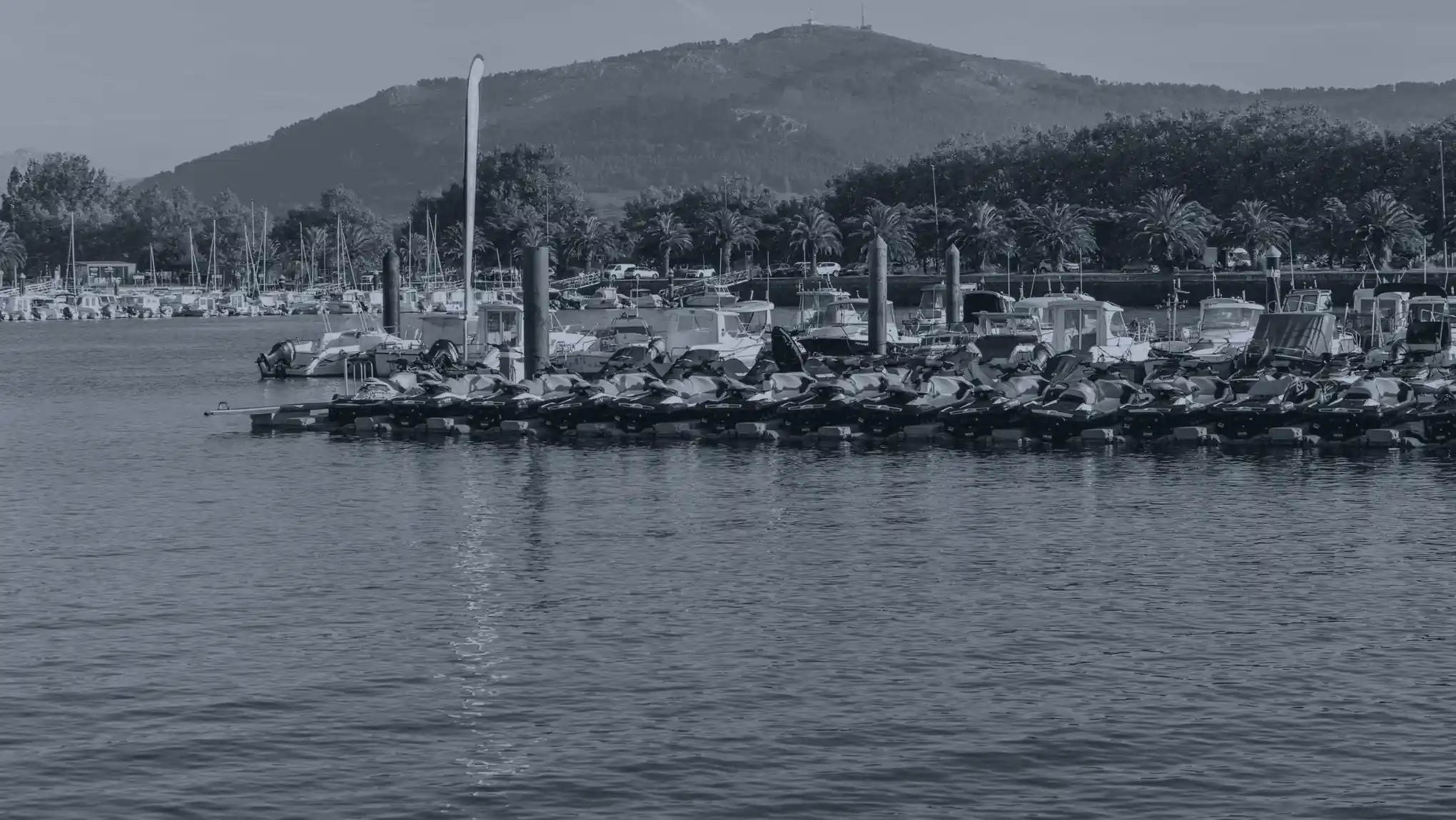 Une rangée de jets-skis amarrés à un ponton flottant, dans une marina
