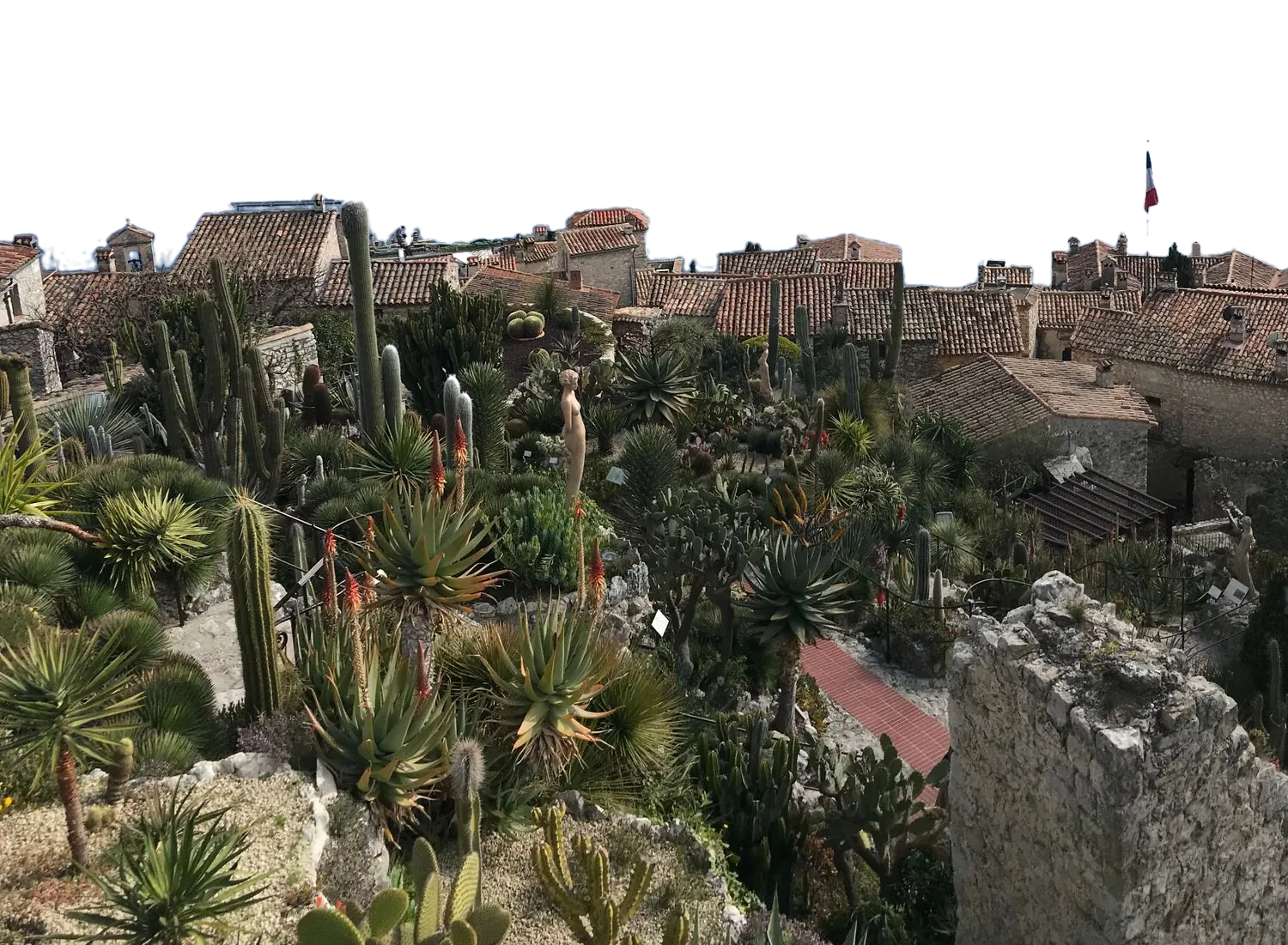 Èze village sur son rocher : toits de tuiles, cactus du jardin exotique, la côte en contrebas