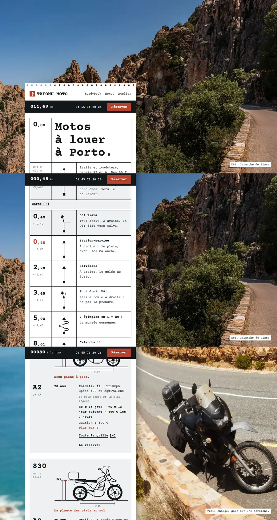Capture du site de démonstration Tafonu Moto, loueur fictif (Porto, Corse)