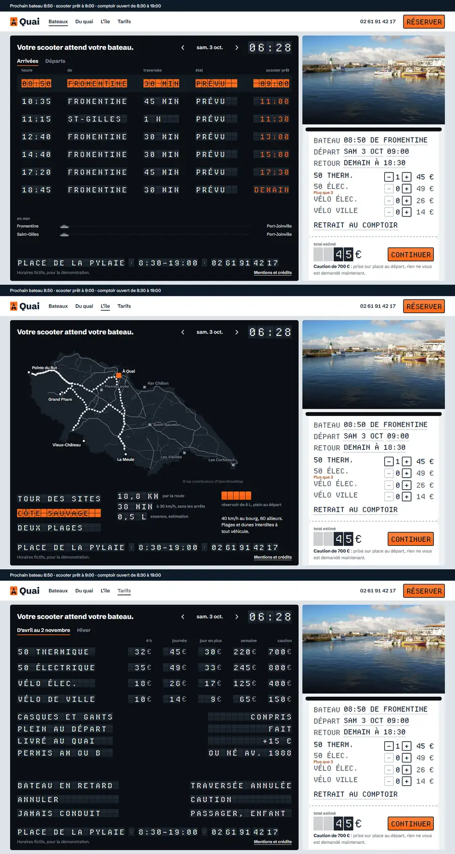 Capture du site de démonstration À Quai, loueur fictif (Port-Joinville, île d'Yeu)